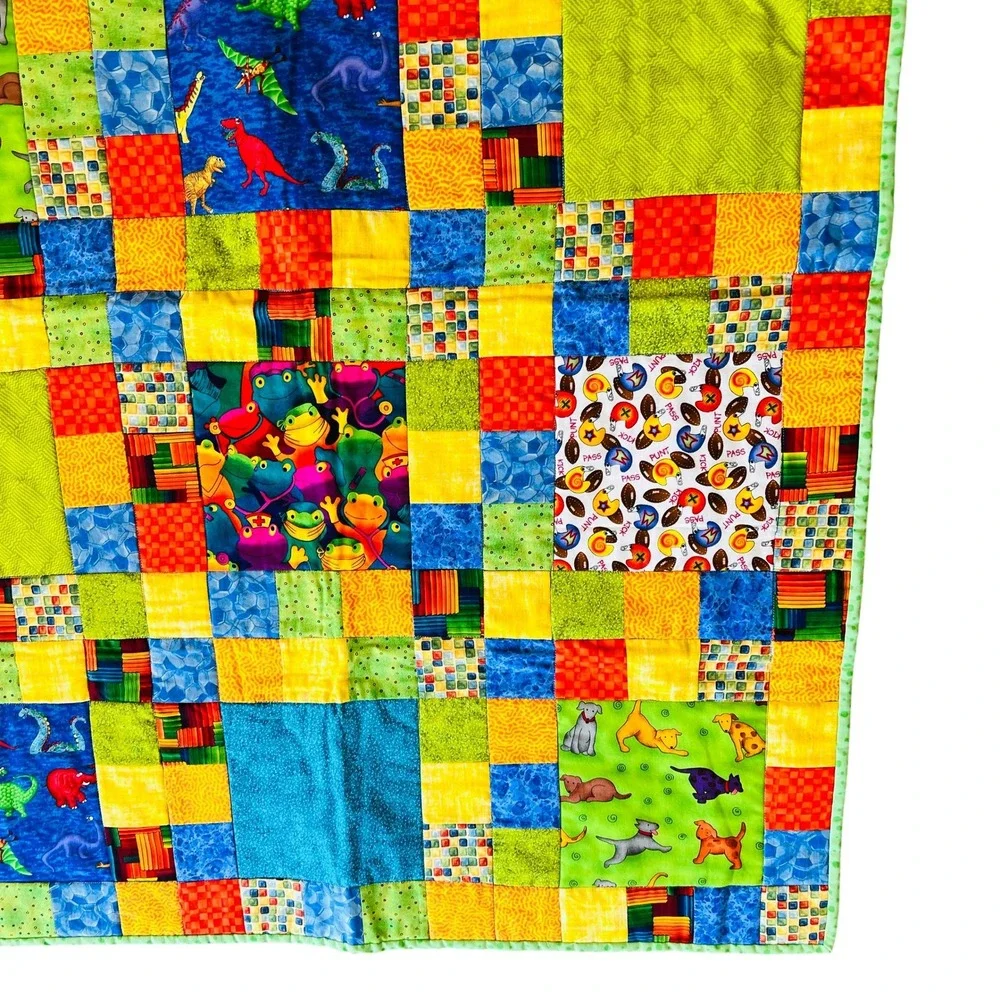 Handmade Patchwork Baby Quilt Dinosaurs Dogs Baseball Frog Blanket Novelty Print